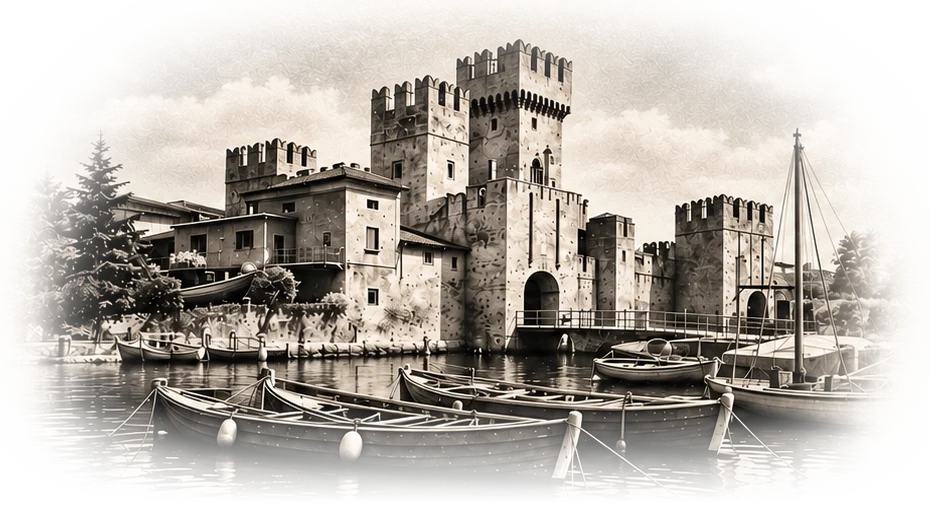 El castillo escaligero de Sirmione con barcas en el lago, ilustración sepia